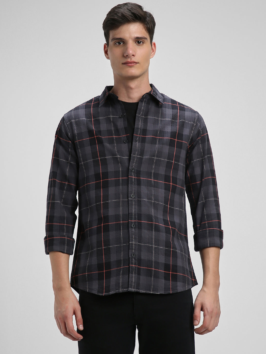 Men's Regular Collar Slim Fit Checks Black Casual Shirts