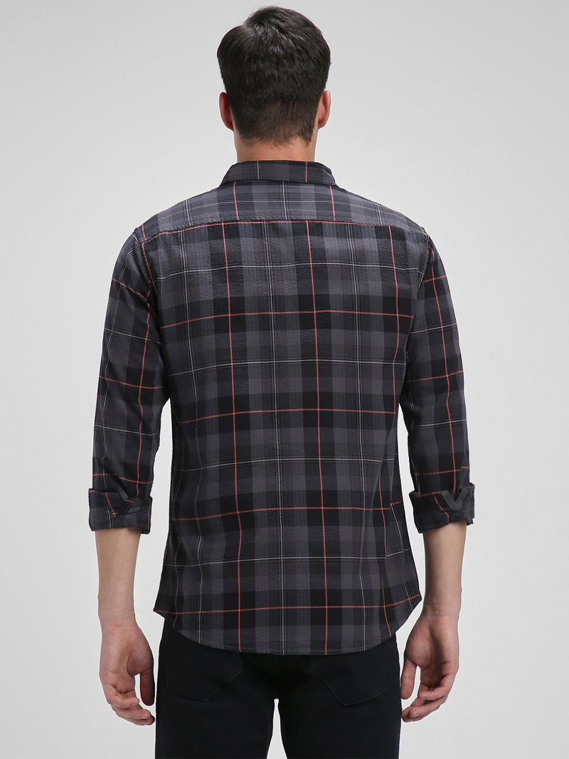 Men's Regular Collar Slim Fit Checks Black Casual Shirts