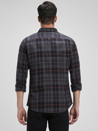 Men's Regular Collar Slim Fit Checks Black Casual Shirts