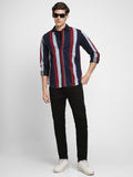 Men's Regular Collar Slim Fit Stripes Red Casual Shirts