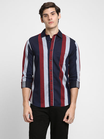 Men's Regular Collar Slim Fit Stripes Red Casual Shirts