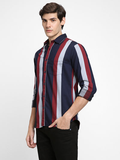 Men's Regular Collar Slim Fit Stripes Red Casual Shirts