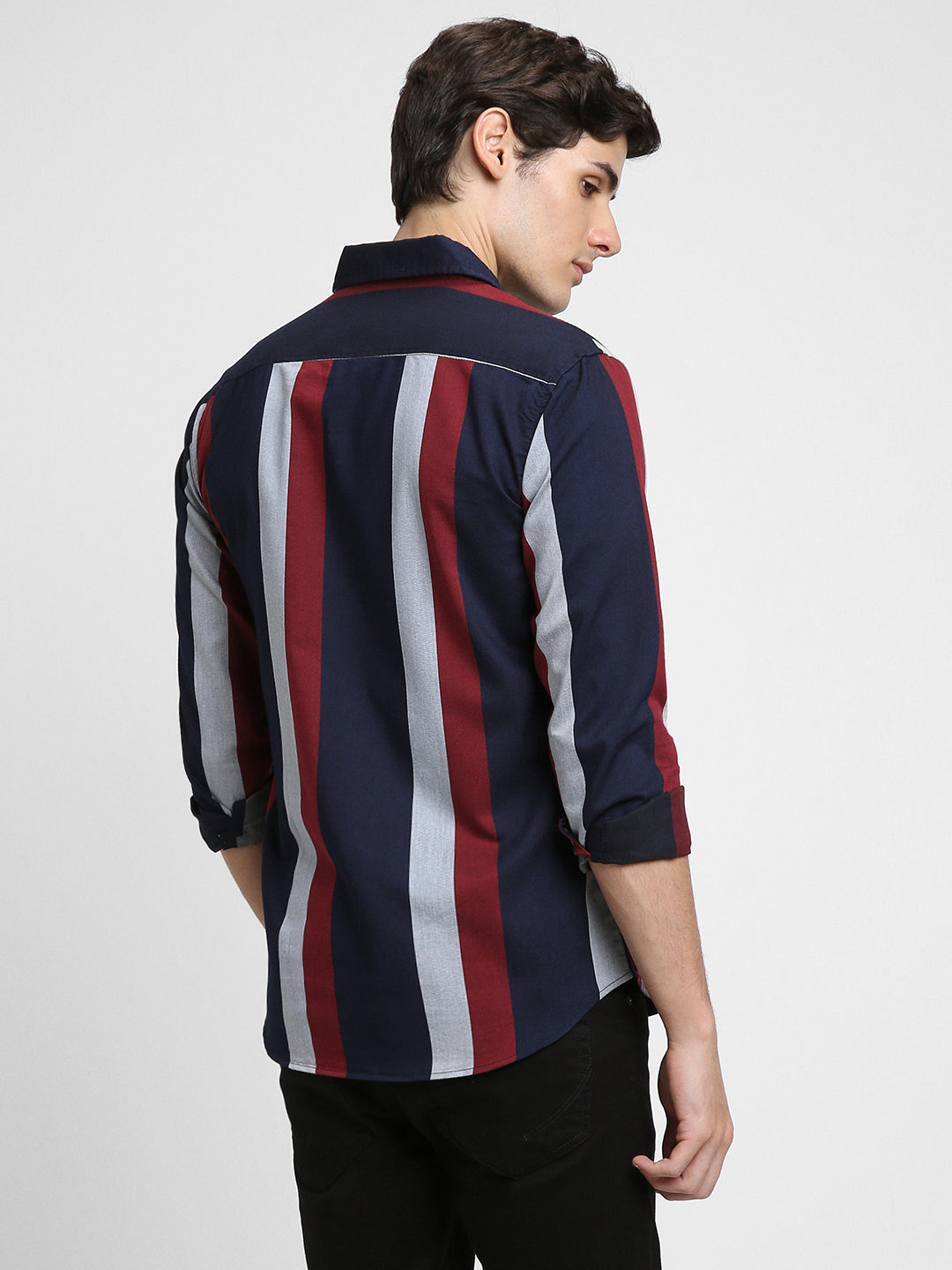 Men's Regular Collar Slim Fit Stripes Red Casual Shirts