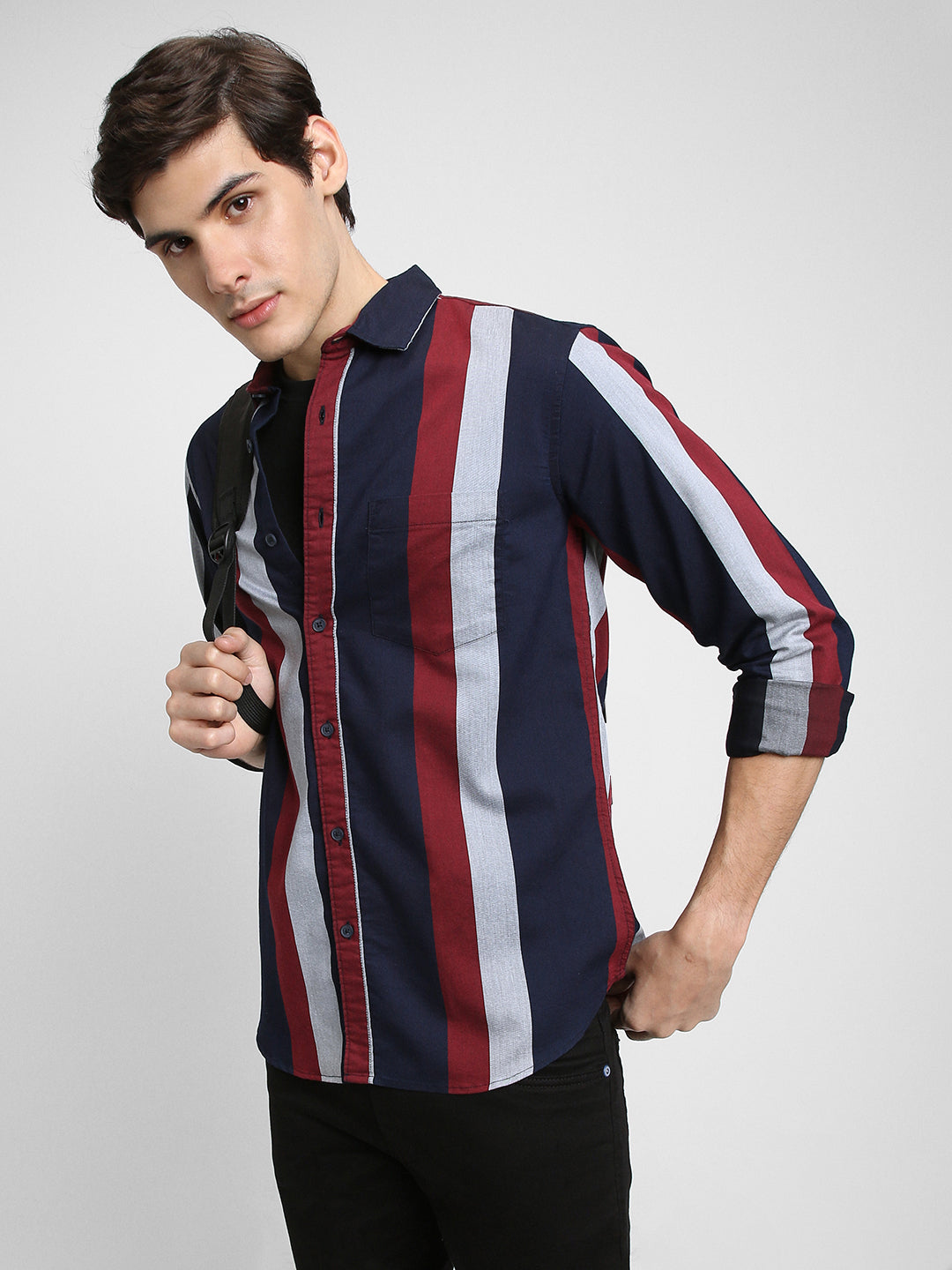 Men's Regular Collar Slim Fit Stripes Red Casual Shirts