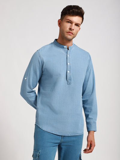 Dennis Lingo Men's Pop Over Mandarin Collar Slim Fit Washed Blue Denim Shirt