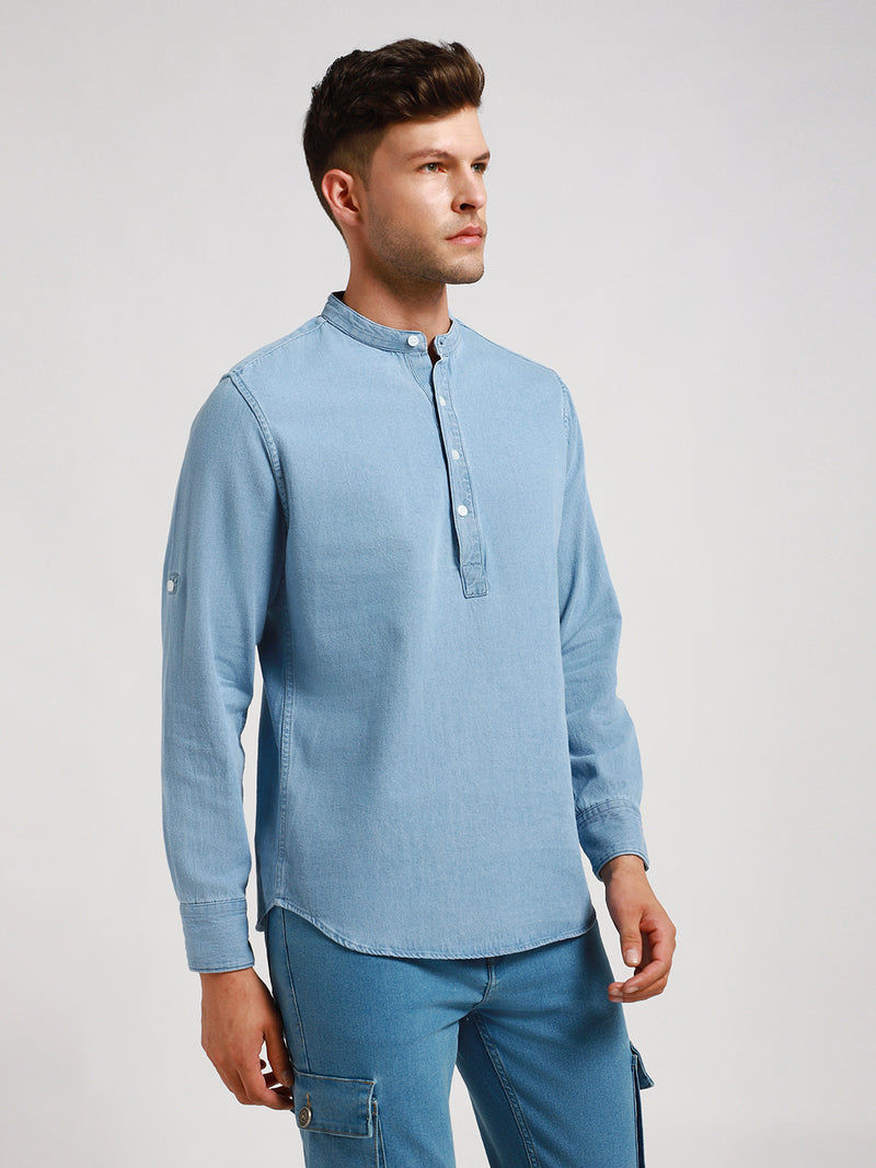 Dennis Lingo Men's Pop Over Mandarin Collar Slim Fit Washed Blue Denim Shirt
