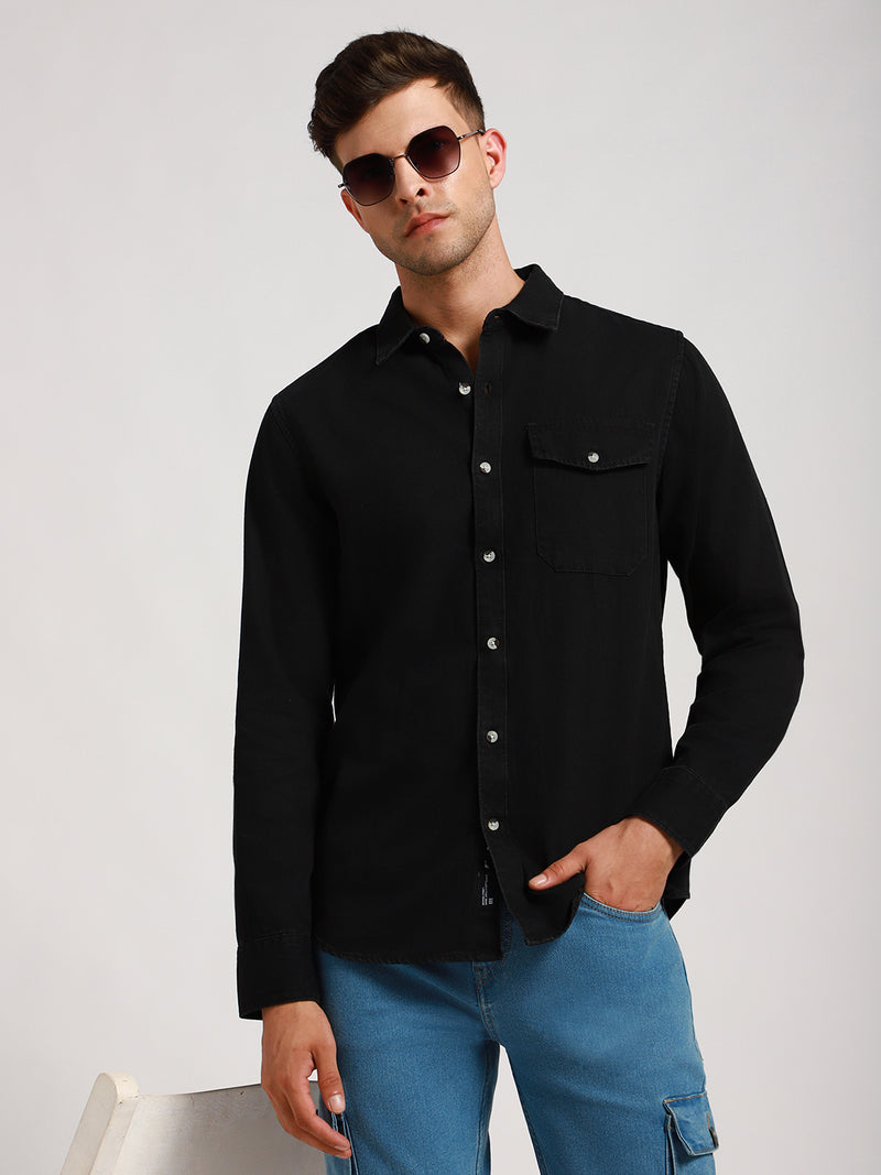 Men's Regular Collar Slim Fit Washed Black Denim Shirt