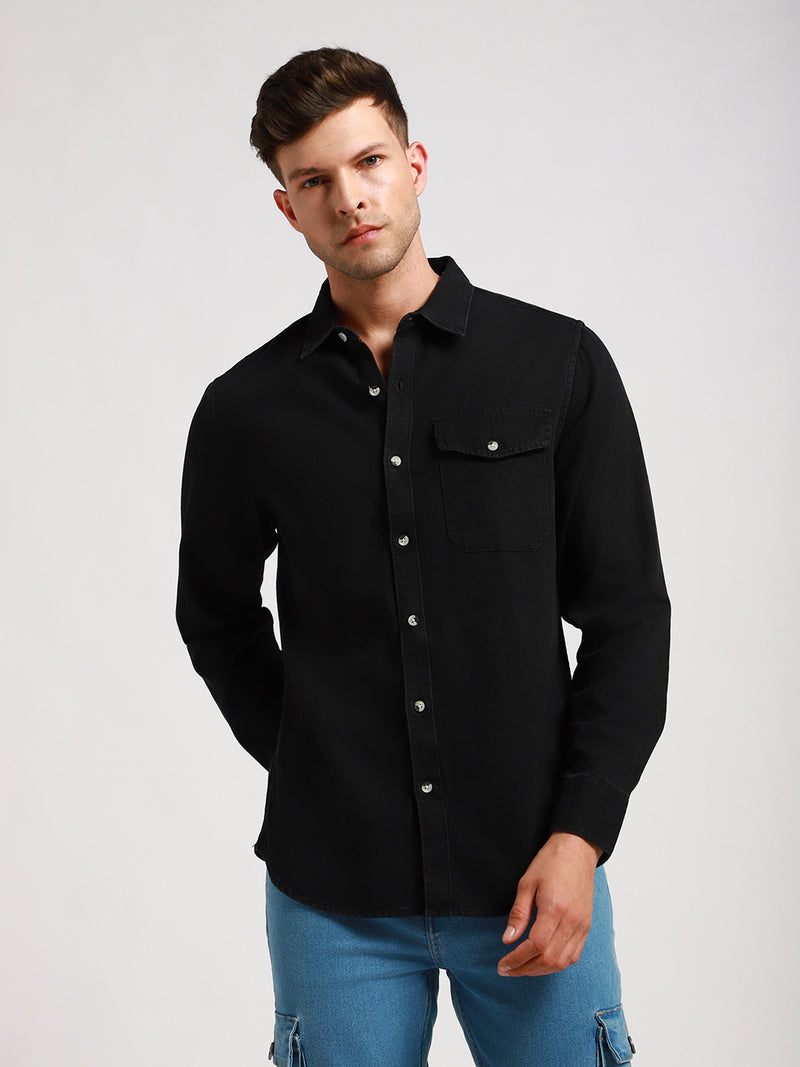 Men's Regular Collar Slim Fit Washed Black Denim Shirt