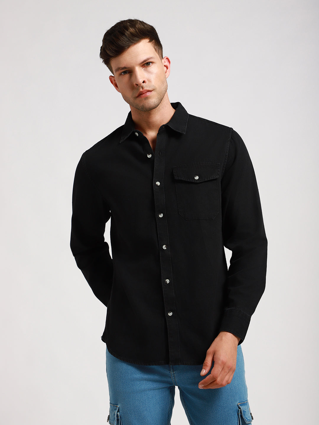 Men's Regular Collar Slim Fit Washed Black Denim Shirt