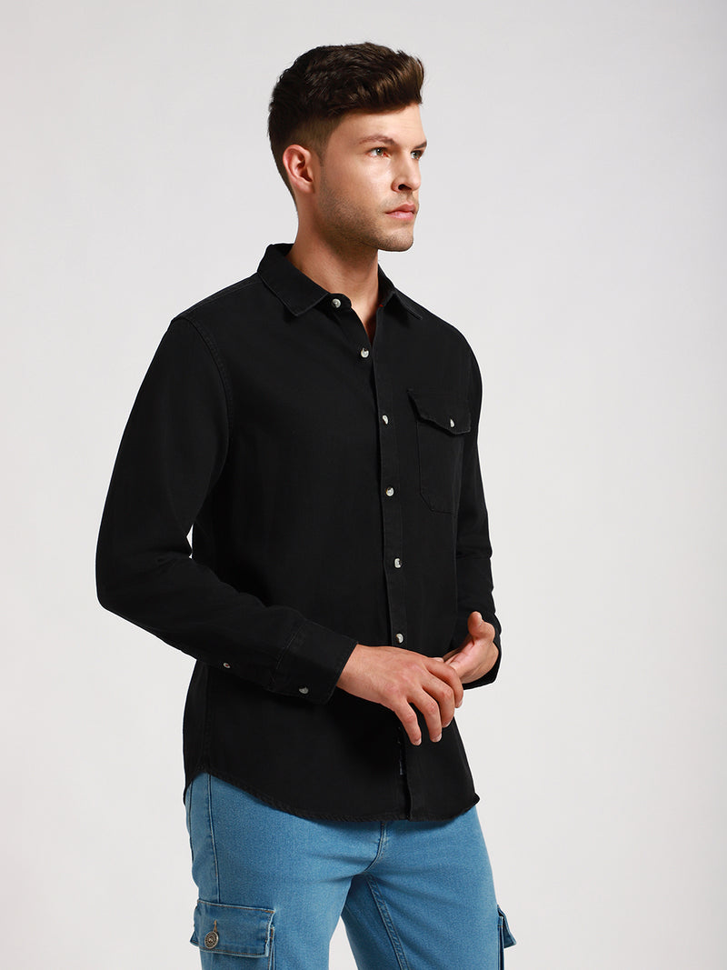 Men's Regular Collar Slim Fit Washed Black Denim Shirt