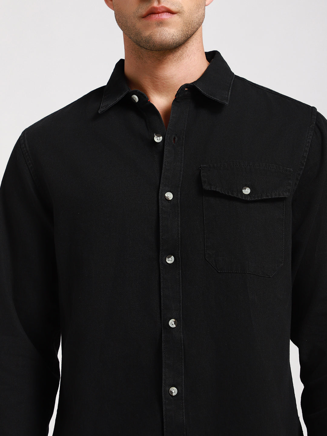 Men's Regular Collar Slim Fit Washed Black Denim Shirt