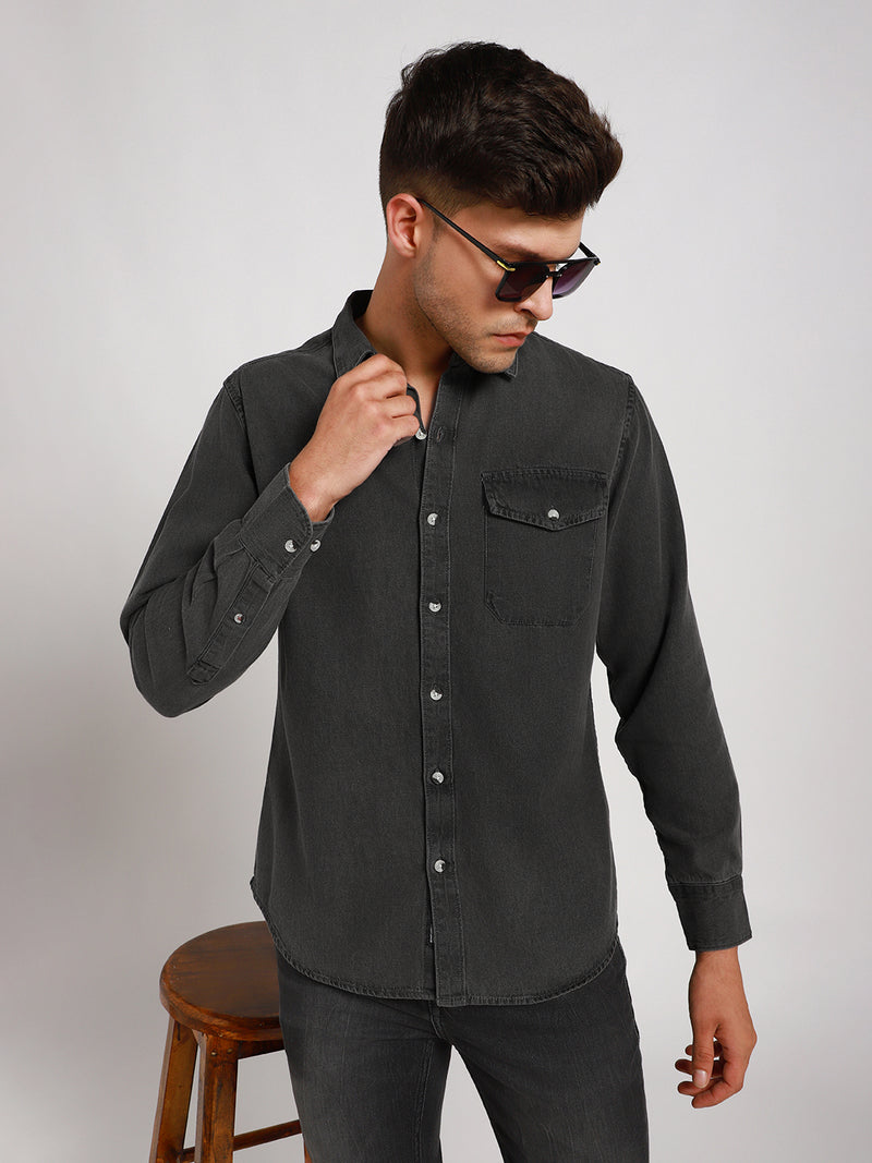 Men's Regular Collar Slim Fit Washed Grey Denim Shirt