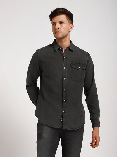 Men's Regular Collar Slim Fit Washed Grey Denim Shirt