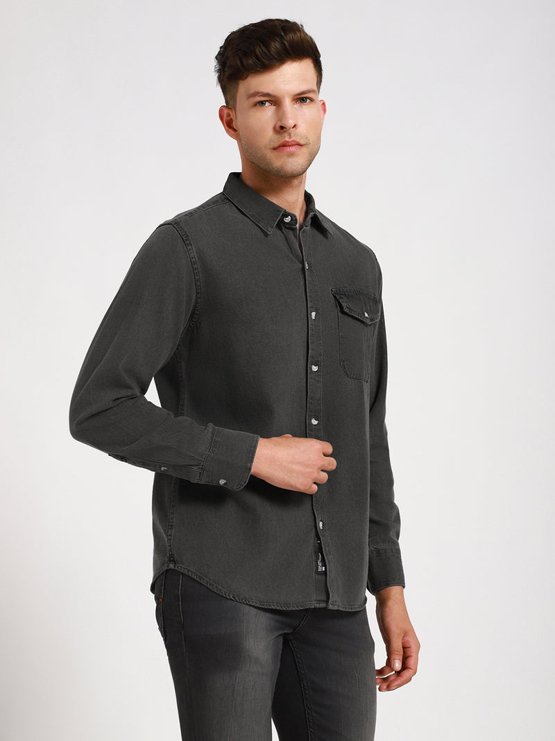 Men's Regular Collar Slim Fit Washed Grey Denim Shirt