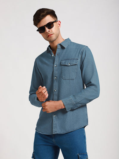 Men's Regular Collar Slim Fit Washed Indigo Denim Shirt