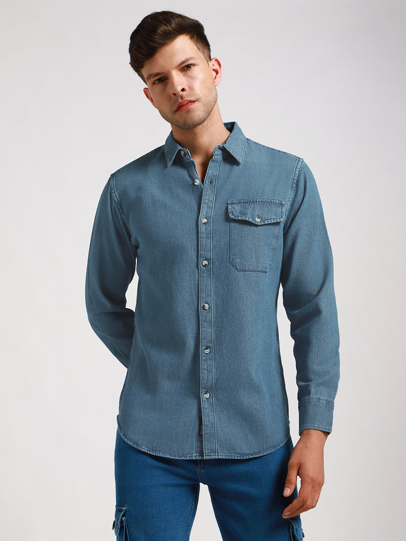 Men's Regular Collar Slim Fit Washed Indigo Denim Shirt