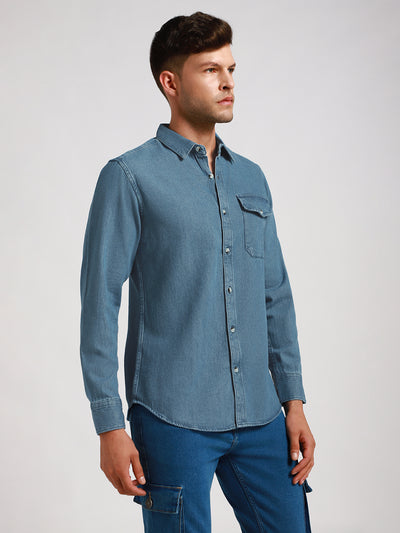 Men's Regular Collar Slim Fit Washed Indigo Denim Shirt