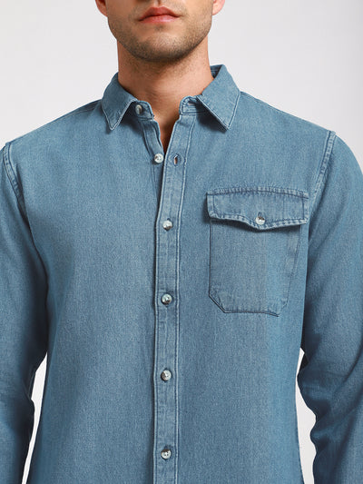 Men's Regular Collar Slim Fit Washed Indigo Denim Shirt