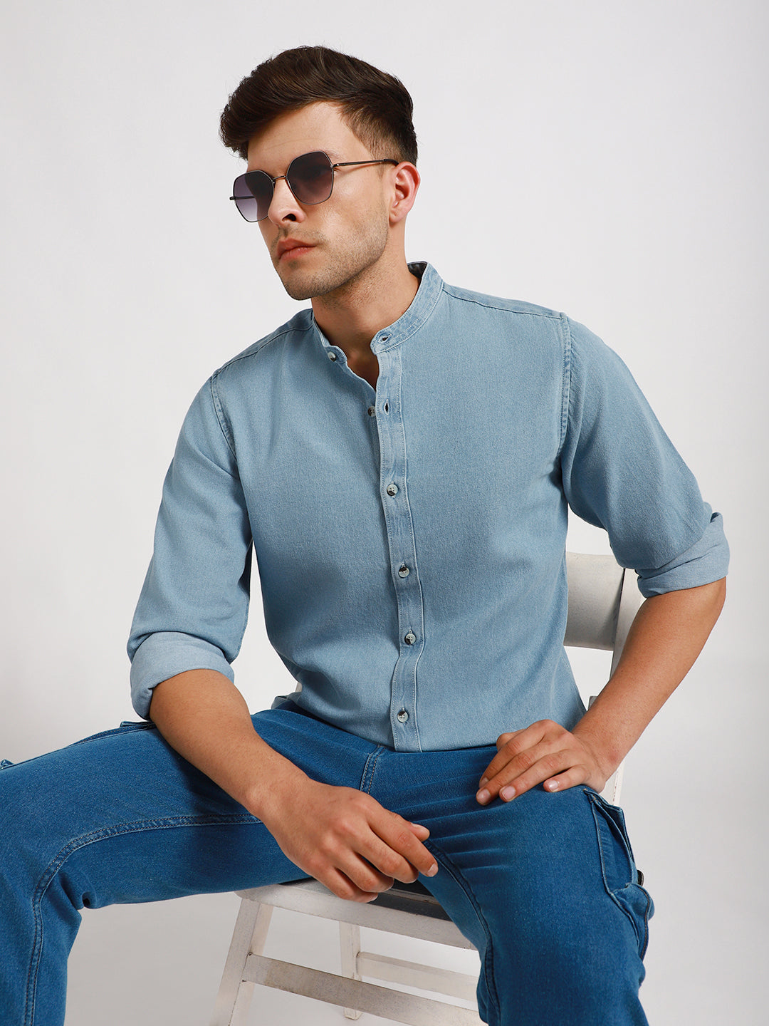 Men's Mandarin Collar Slim Fit Washed Indigo Denim Shirt