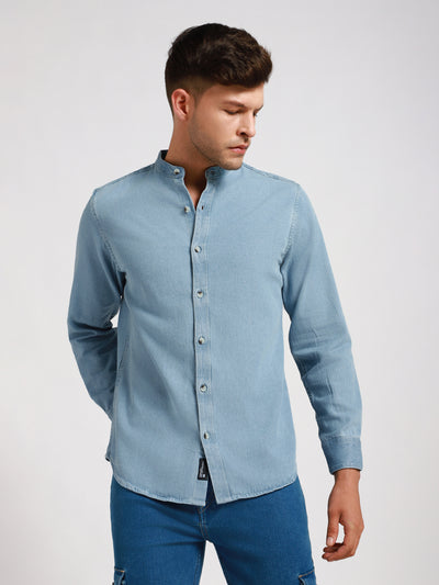 Men's Mandarin Collar Slim Fit Washed Indigo Denim Shirt