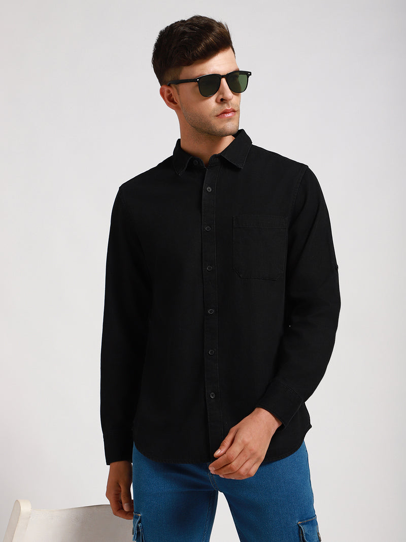 Men's Regular Collar Slim Fit Washed Black Denim Shirt