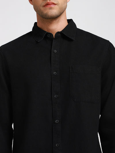 Men's Regular Collar Slim Fit Washed Black Denim Shirt