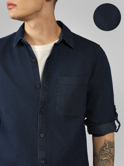 Men's Regular Collar Regular Fit Washed Indigo Denim Shirt