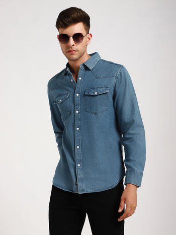 Men's Regular Collar Slim Fit Washed Indigo Denim Shirt