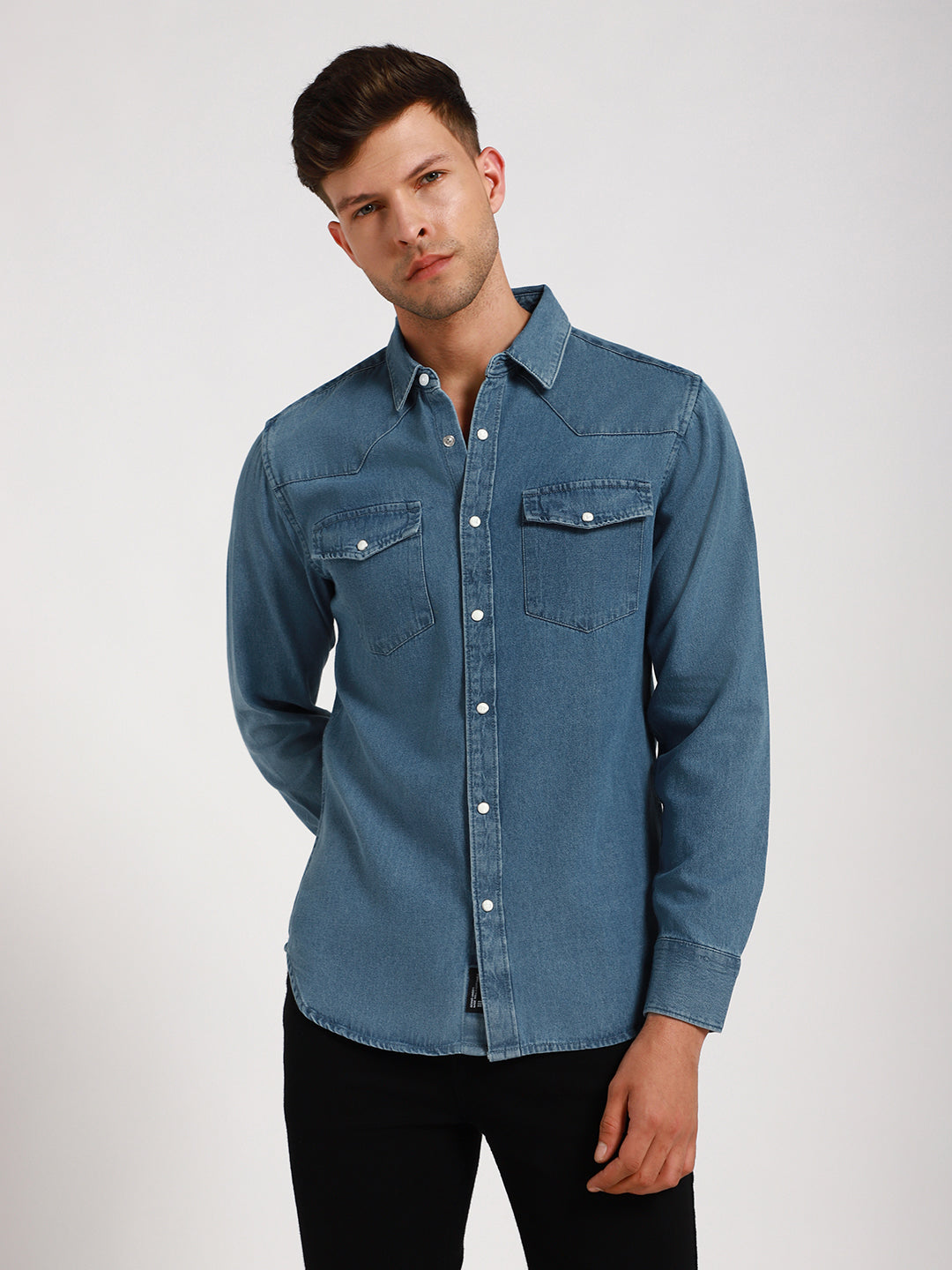 Men's Regular Collar Slim Fit Washed Indigo Denim Shirt