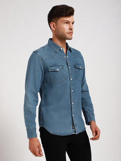 Men's Regular Collar Slim Fit Washed Indigo Denim Shirt