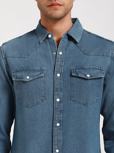 Men's Regular Collar Slim Fit Washed Indigo Denim Shirt