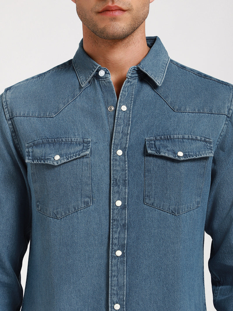 Men's Regular Collar Slim Fit Washed Indigo Denim Shirt