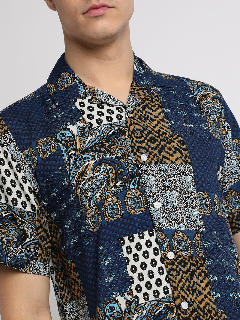 Men's Cuban Collar Regular Fit Print Navy Casual Shirts