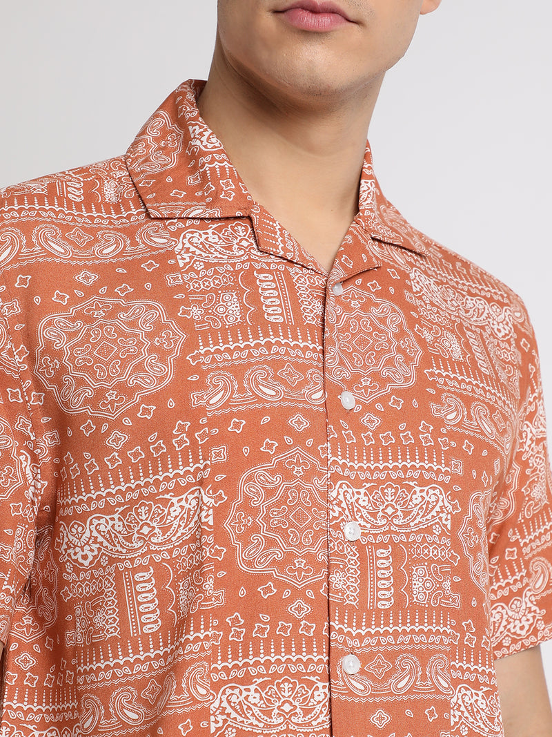 Men's Cuban Collar Regular Fit Print Rust Casual Shirts