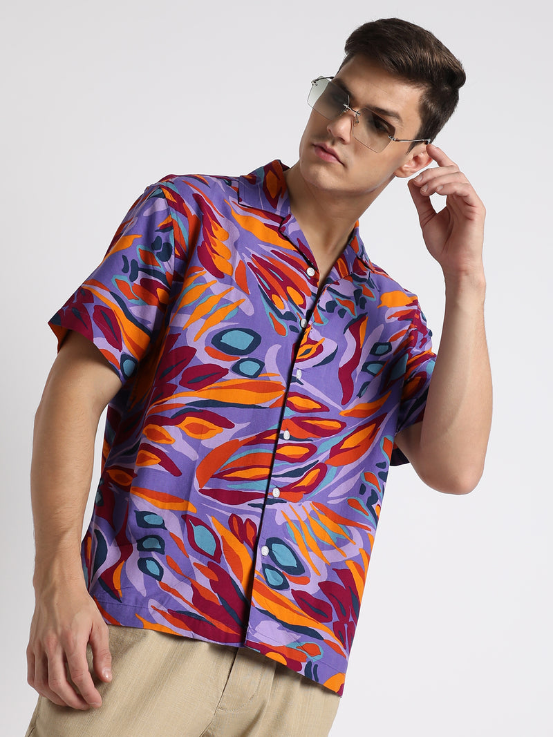 Men's Cuban Collar Regular Fit Print Multicolour Casual Shirt