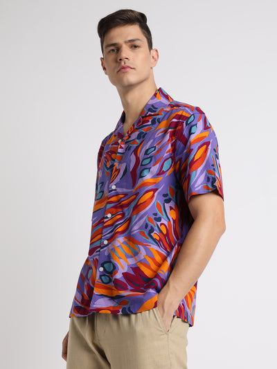 Dennis Lingo Men's Cuban Collar Regular Fit Print Multicolour Casual Shirt
