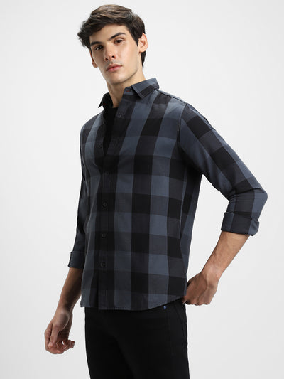 Men's Regular Collar Slim Fit Checks Blue Casual Shirts