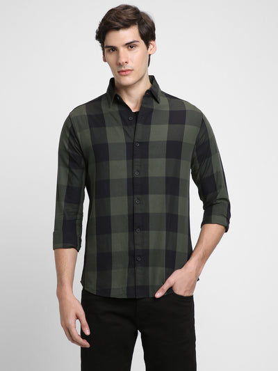 Men's Regular Collar Regular Fit Checks Green Casual Shirts