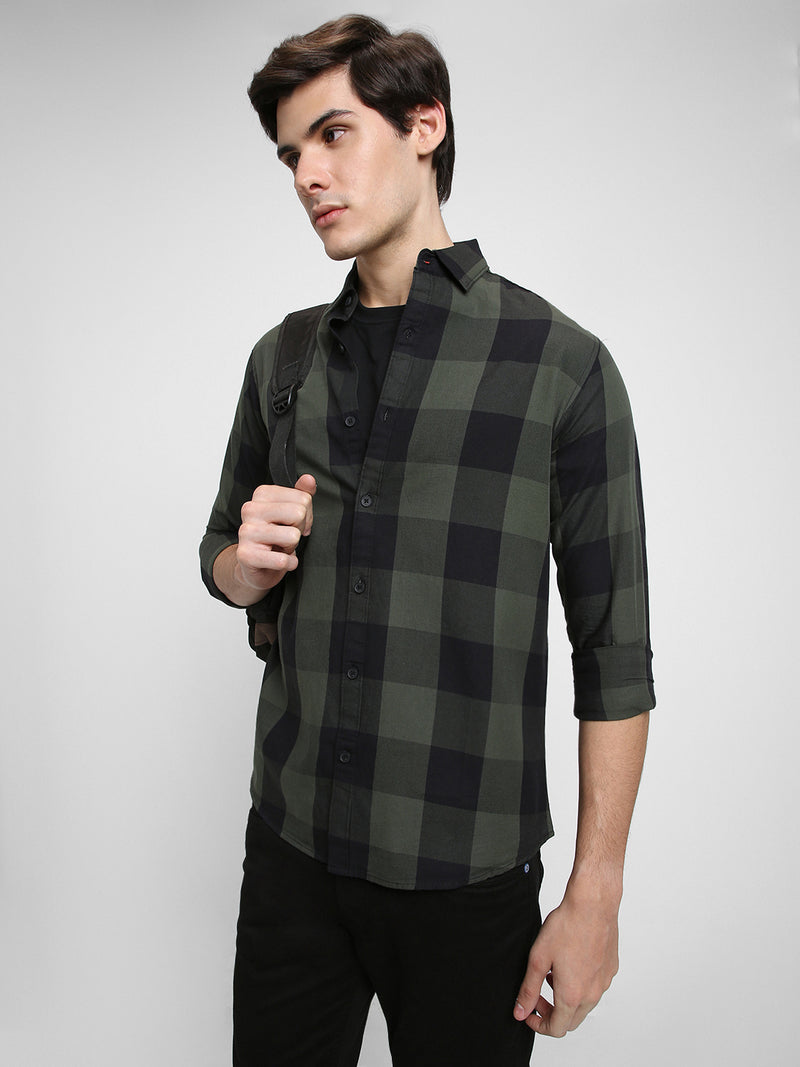 Men's Regular Collar Regular Fit Checks Green Casual Shirts