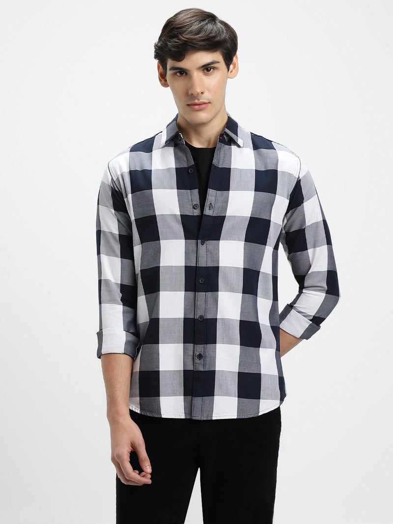 Men's Regular Collar Slim Fit Checks Navy Casual Shirts