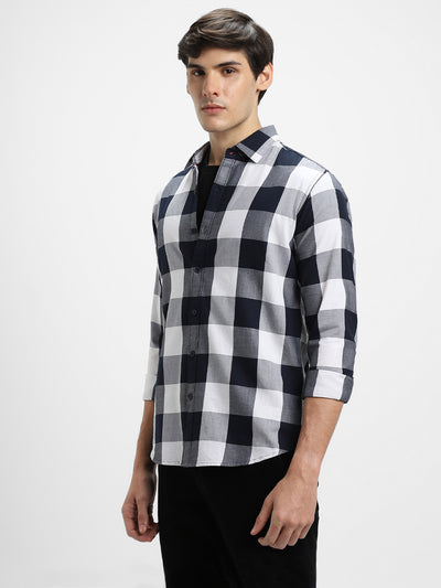 Men's Regular Collar Slim Fit Checks Navy Casual Shirts