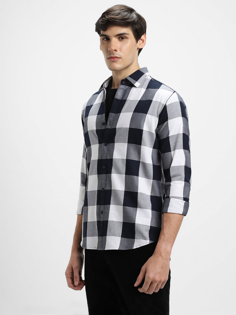 Men's Regular Collar Slim Fit Checks Navy Casual Shirts