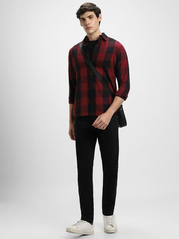 Men's Regular Collar Slim Fit Checks Red Casual Shirts