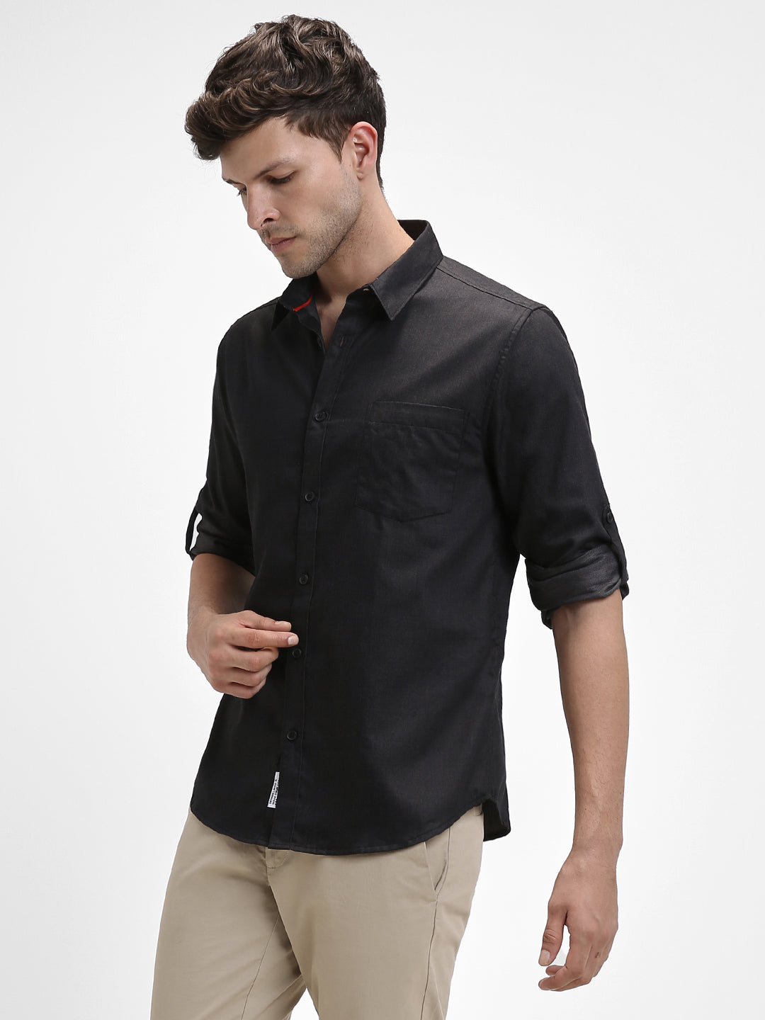 Men's Regular Collar Slim Fit Solid Black Casual Shirts