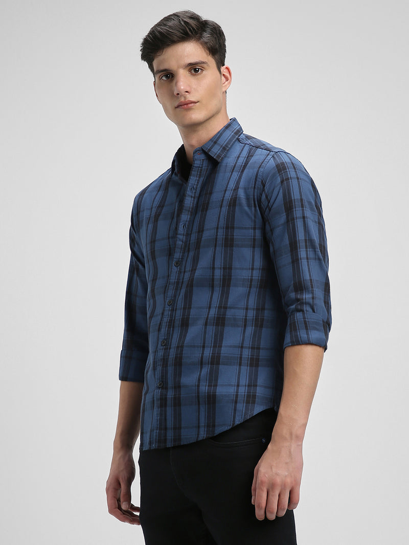 Men's Regular Collar Slim Fit Tartan Checks Blue Casual Shirts