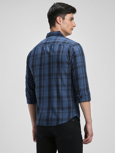 Men's Regular Collar Slim Fit Tartan Checks Blue Casual Shirts