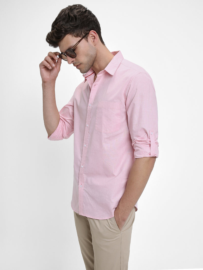 Men's Regular Collar Slim Fit Solid Pink Casual Shirts