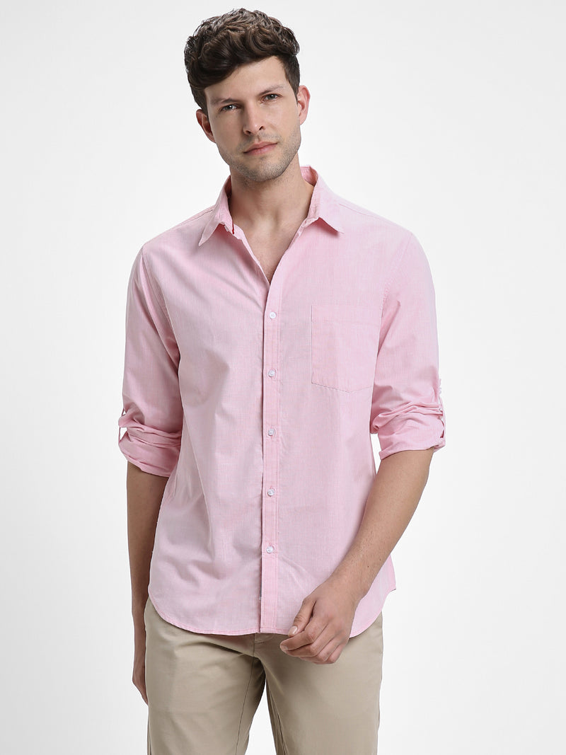 Men's Regular Collar Slim Fit Solid Pink Casual Shirts