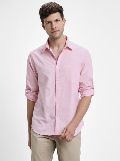 Men's Regular Collar Slim Fit Solid Pink Casual Shirts