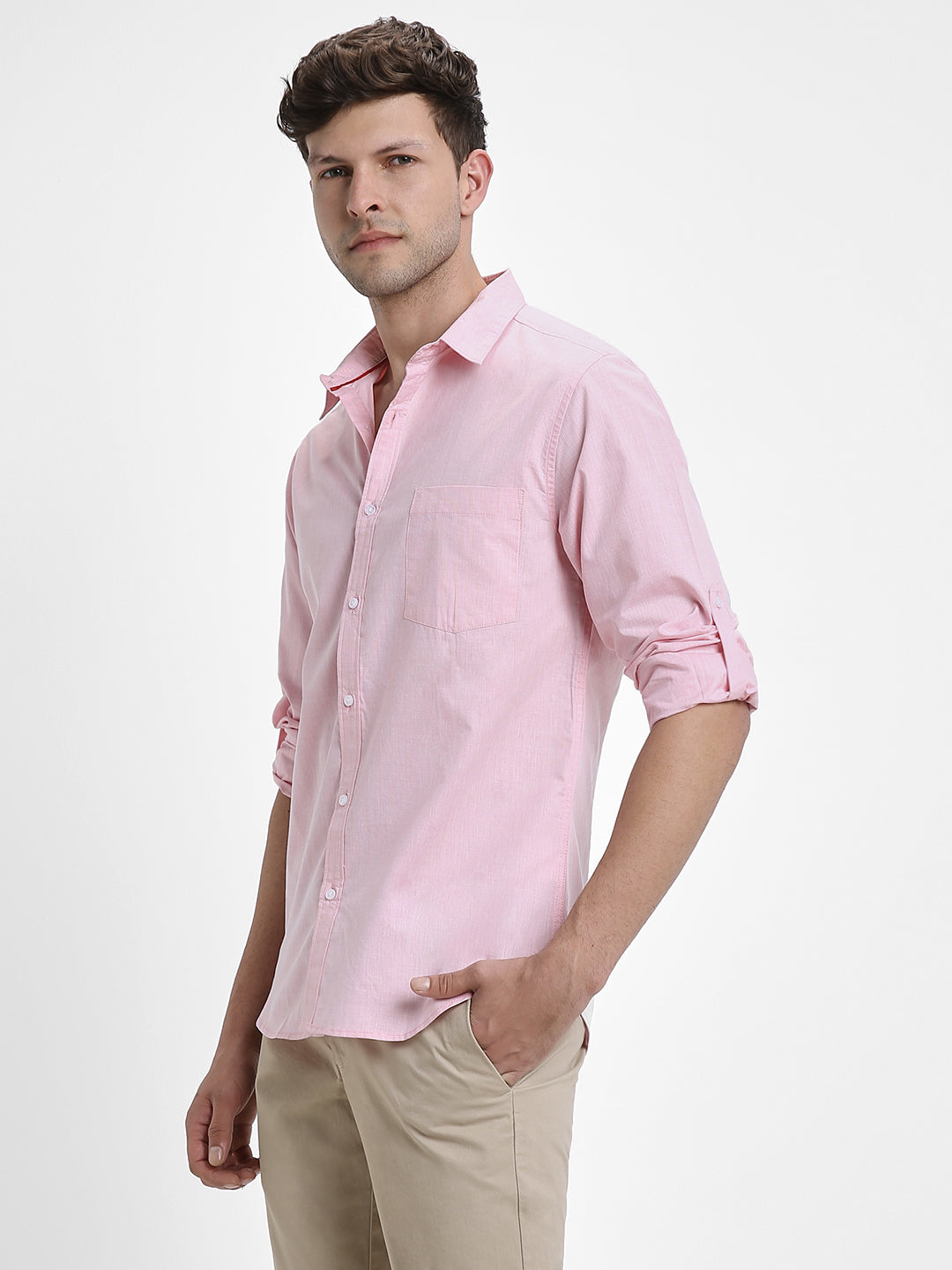 Men's Regular Collar Slim Fit Solid Pink Casual Shirts